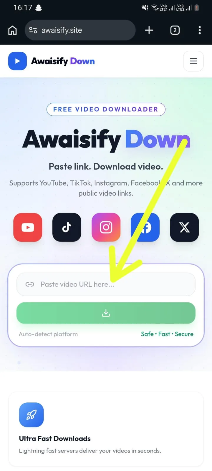 Awaisify Down homepage with the video downloader input box