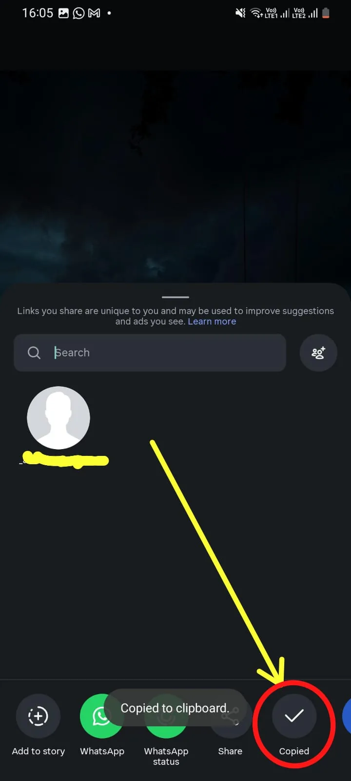 Instagram share menu showing the copied link option