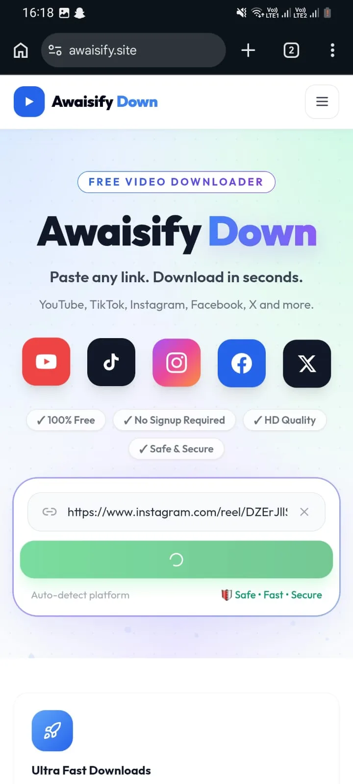 Awaisify Down processing screen after clicking the download button