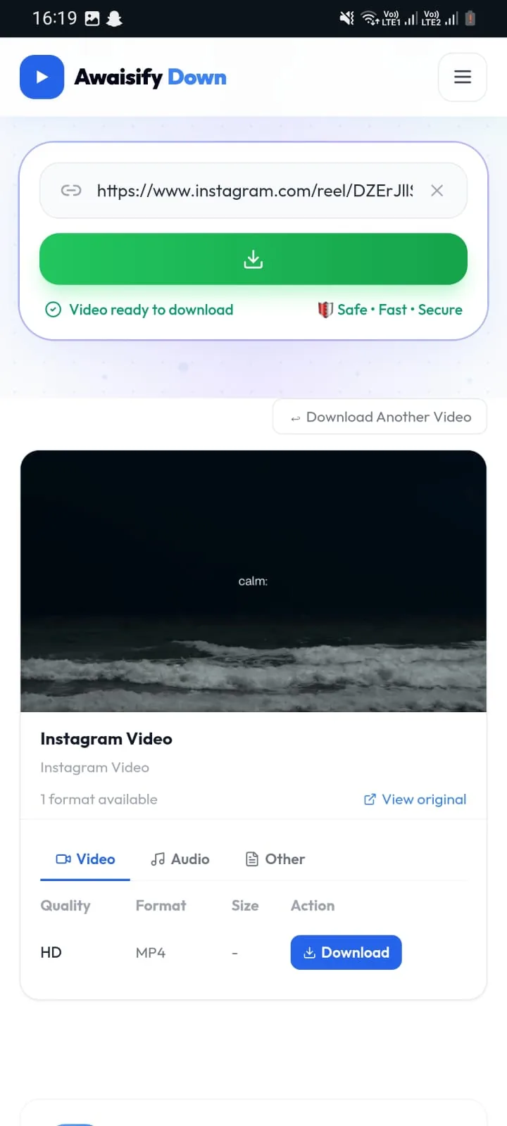 Awaisify Down Instagram video result with the download button