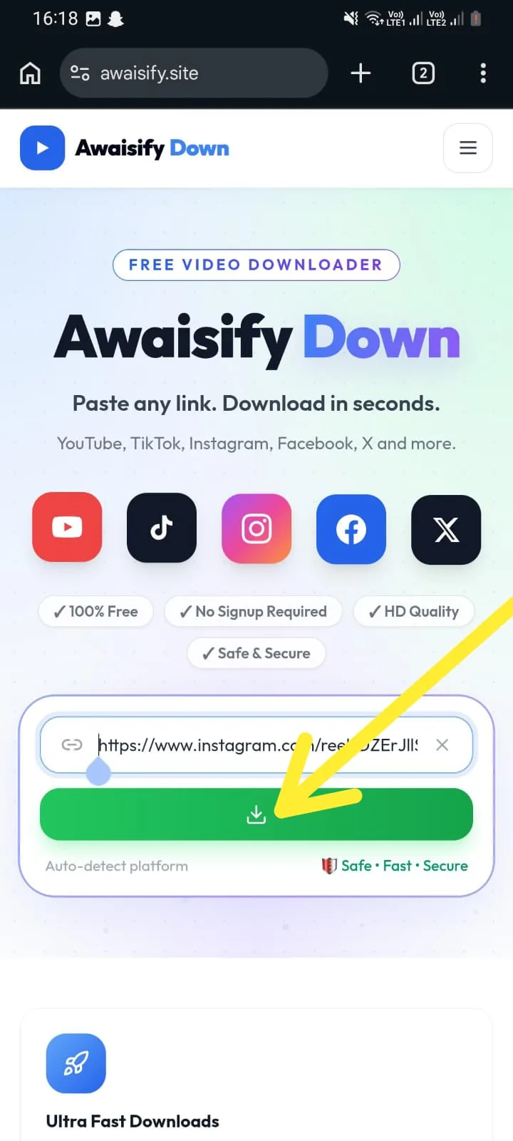 Instagram Reel URL pasted into the Awaisify Down input field